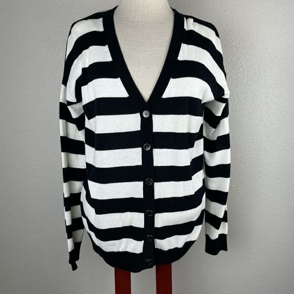Chaus Black and White Striped Button Down Cardigan Sweater Size S EUC - Picture 1 of 6